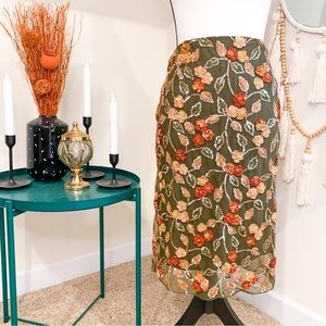 Vintage 90s Y2K Carlisle Olive Green Orange Floral Ribbon Sequins Fairy Skirt